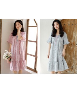 Korean Ladies Floral Bow Cotton Nightdress V Neck Oversized Summer Sweet Student Home Skirt Wholesale and Retail