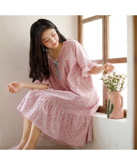 Korean Ladies Floral Bow Cotton Nightdress V Neck Oversized Summer Sweet Student Home Skirt Wholesale and Retail