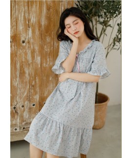 Korean Ladies Floral Bow Cotton Nightdress V Neck Oversized Summer Sweet Student Home Skirt Wholesale and Retail