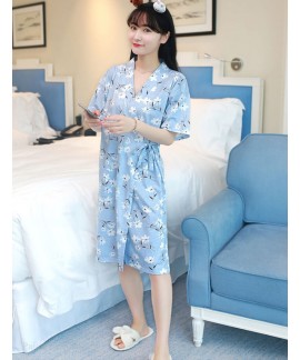 Kimono Cute Print Cotton Ladies Nightdress Short-s...