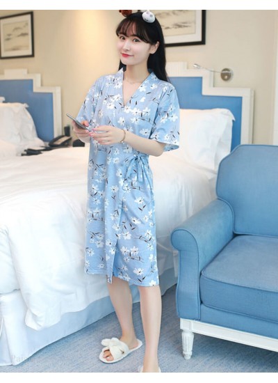 Kimono Cute Print Cotton Ladies Nightdress Short-sleeved Summer Thin Female Morning Robe Women Pajamas Wholesale and Retail