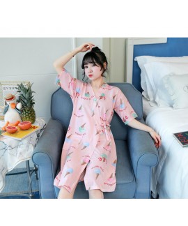 Kimono Cute Print Cotton Ladies Nightdress Short-sleeved Summer Thin Female Morning Robe Women Pajamas Wholesale and Retail