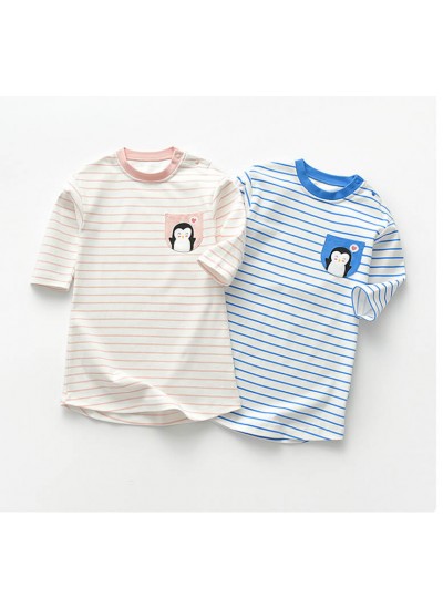 Baby nightgown spring and autumn thin striped penguin children's pajamas boys long sleeve cotton nightgrown wholesale