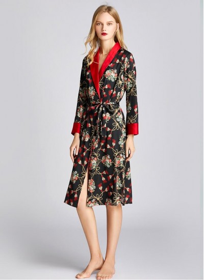 Spring Autumn Plant Print Silk Nightdress Female Thin Long Sleeve Mid-length Nightgown Bathrobe