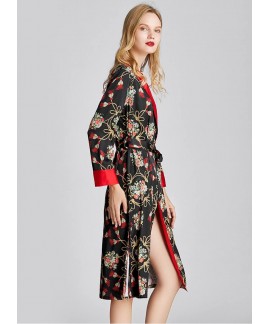 Spring Autumn Plant Print Silk Nightdress Female Thin Long Sleeve Mid-length Nightgown Bathrobe