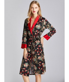 Spring Autumn Plant Print Silk Nightdress Female Thin Long Sleeve Mid-length Nightgown Bathrobe
