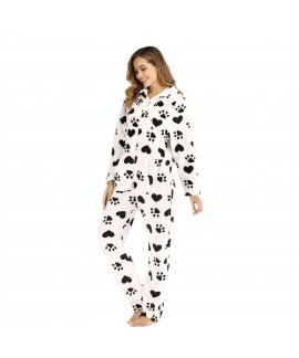 Footprint Heart Print Flannel Pajamas Black And White Hooded Onesie Ladies Pajamas Homewear