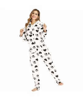 Footprint Heart Print Flannel Pajamas Black And Wh...
