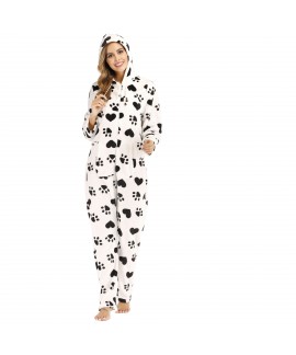 Footprint Heart Print Flannel Pajamas Black And White Hooded Onesie Ladies Pajamas Homewear