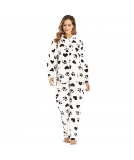 Footprint Heart Print Flannel Pajamas Black And White Hooded Onesie Ladies Pajamas Homewear