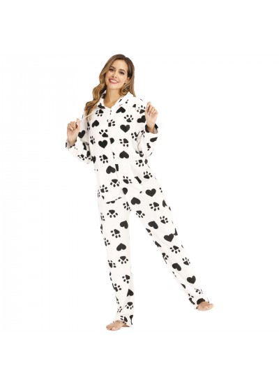 Footprint Heart Print Flannel Pajamas Black And White Hooded Onesie Ladies Pajamas Homewear