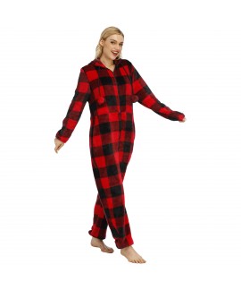 Check Print Flannel Pajamas Black And White Hooded Onesie Pajamas Loungewear