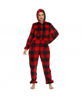 Check Print Flannel Pajamas Black And White Hooded...