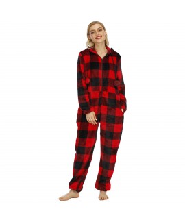 Check Print Flannel Pajamas Black And White Hooded Onesie Pajamas Loungewear