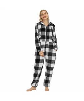 Check Print Flannel Pajamas Black And White Hooded Onesie Pajamas Loungewear