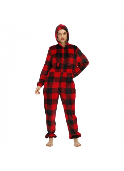 Check Print Flannel Pajamas Black And White Hooded Onesie Pajamas Loungewear