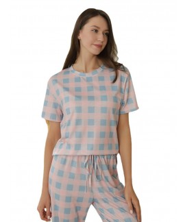 Pink blue plaid short sleeved straight leg pants for women in home wear wholesale and retail