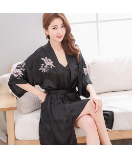 Two-piece sexy printed Ice Silk Pajama sets for women long sleeved nightgowns female