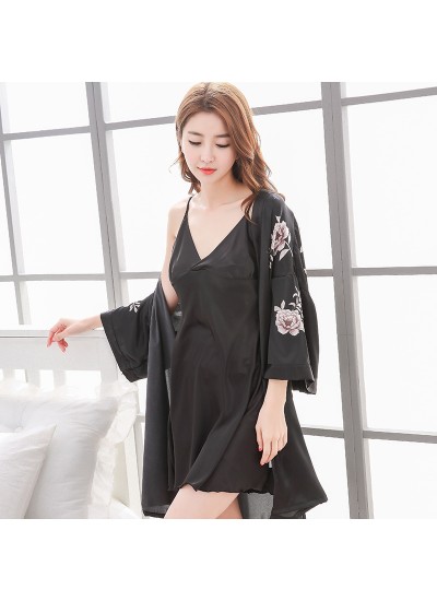 Two-piece sexy printed Ice Silk Pajama sets for women long sleeved nightgowns female