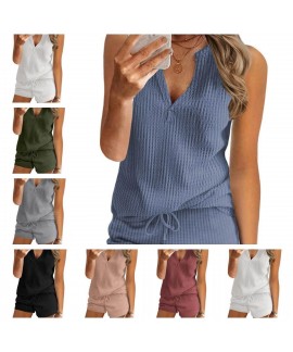 Summer Waffle V Neck Tank Top Sports T-Shirt Women's Set wholesale and retail
