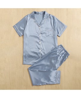 Striped imitation silk short sleeved long pants pa...