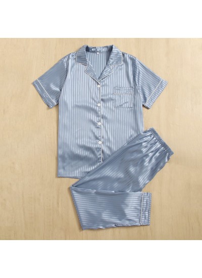 Striped imitation silk short sleeved long pants pajama set for men wholesale and retail