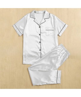 Striped imitation silk short sleeved long pants pajama set for men wholesale and retail