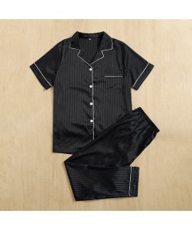 Striped imitation silk short sleeved long pants pajama set for men wholesale and retail