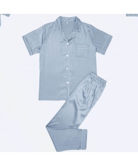 Striped imitation silk short sleeved long pants pajama set for men wholesale and retail