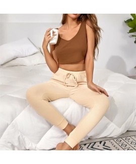 Women's brown V-neck suspender beige pants two-piece set wholesale and retail