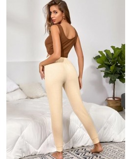 Women's brown V-neck suspender beige pants two-piece set wholesale and retail