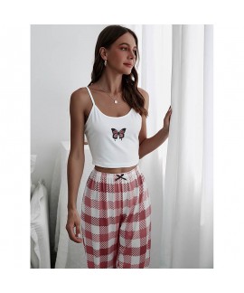 Butterfly printed suspender plaid nine piece pajamas for women wholesale and retail