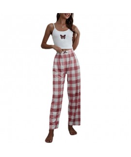 Butterfly printed suspender plaid nine piece pajamas for women wholesale and retail