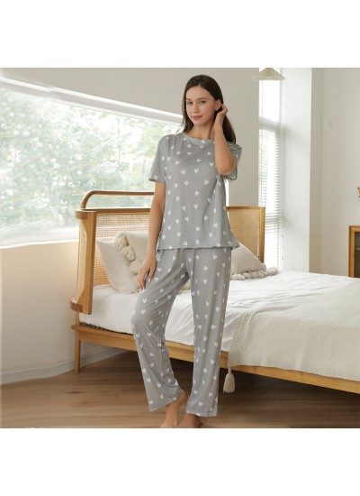 Women's Grey Love Printing Loose Short Sleeve Pants Set wholesale and retail