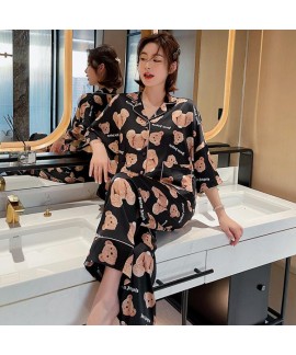 Silk-Like Daffodil 3/4 Sleeve Trousers Lapel Pajama Set