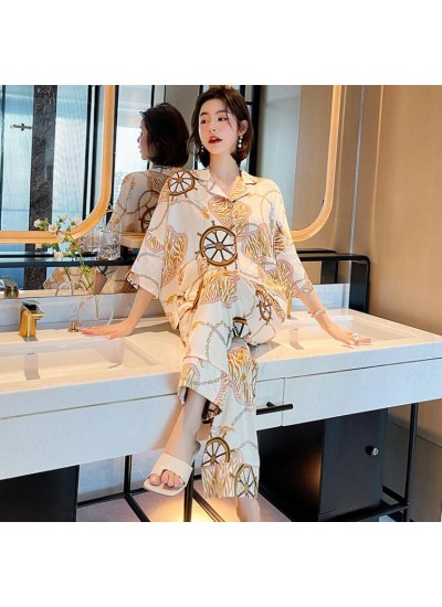 Silk-Like Daffodil 3/4 Sleeve Trousers Lapel Pajama Set