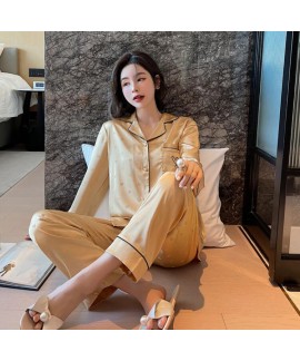 Silk-Like Fashion Love Printing Elegant Long-sleeved Cardigan Pajamas Suit