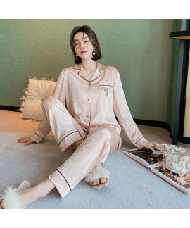 Silk-Like Fashion Love Printing Elegant Long-sleeved Cardigan Pajamas Suit