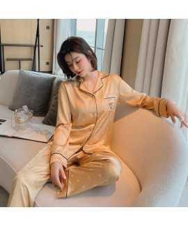 Silk-Like Fashion Love Printing Elegant Long-sleeved Cardigan Pajamas Suit