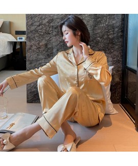 Silk-Like Fashion Love Printing Elegant Long-sleeved Cardigan Pajamas Suit