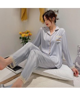 Simulated Silk Sweet Lace Long-sleeved Simple Lapel Cardigan Ladies's Pajamas Set