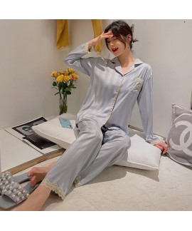 Simulated Silk Sweet Lace Long-sleeved Simple Lapel Cardigan Ladies's Pajamas Set