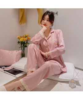 Simulated Silk Sweet Lace Long-sleeved Simple Lapel Cardigan Ladies's Pajamas Set