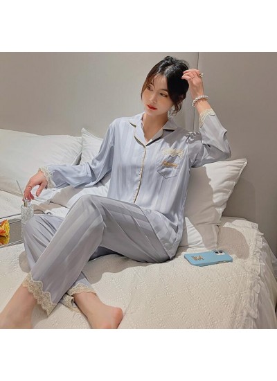 Simulated Silk Sweet Lace Long-sleeved Simple Lapel Cardigan Ladies's Pajamas Set