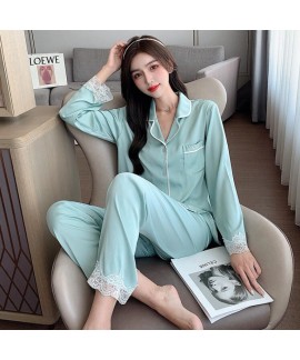 New Long Sleeve Thin Lace Sweet Ice Silk Pajama Set