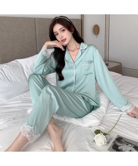 New Long Sleeve Thin Lace Sweet Ice Silk Pajama Set