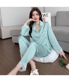 New Long Sleeve Thin Lace Sweet Ice Silk Pajama Se...