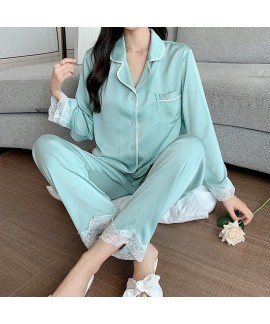 New Long Sleeve Thin Lace Sweet Ice Silk Pajama Set