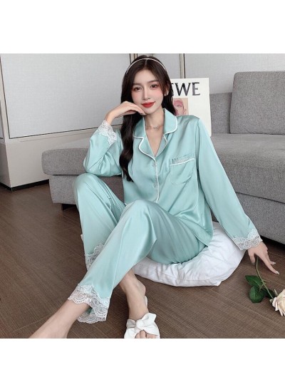 New Long Sleeve Thin Lace Sweet Ice Silk Pajama Set