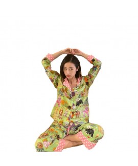 Pet Dog Ice Silk Green Background Contrast Stitching Long-sleeved Trousers Ladies Pajamas Set For Autumn